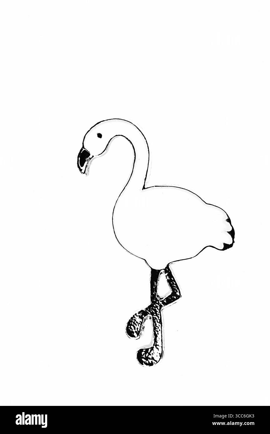 Schwarzweißes grafisches Bild der Brosche oder der Nadel oder des Abzeichens von Flalmingo oder Storch, die auf einem Bein stehen Stockfoto