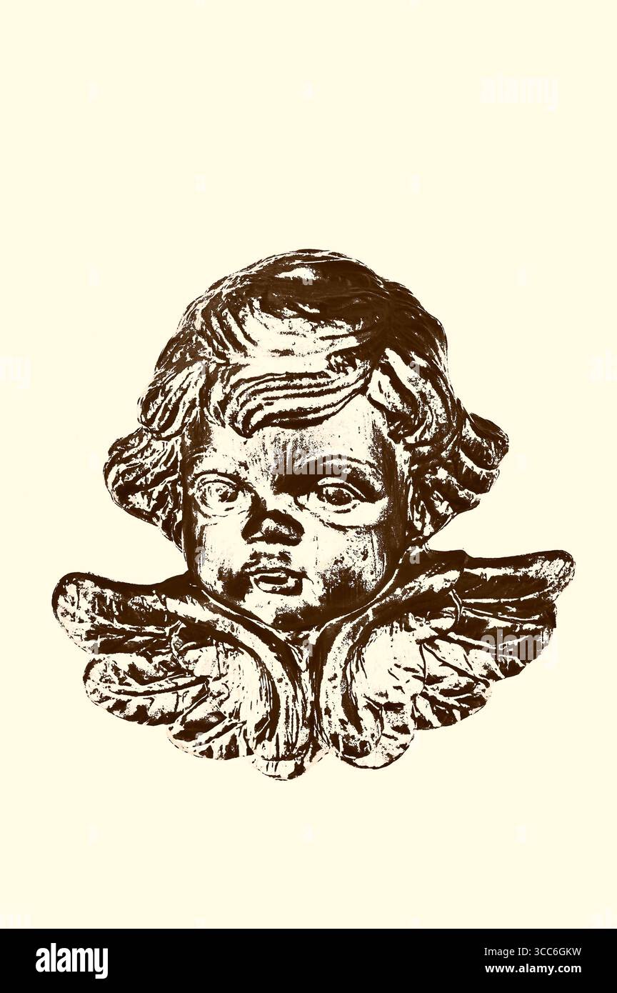 Graphisches Sepiabild der Holzschnitzerei des Kopfes des jungen Cherubs und der Flügel Stockfoto