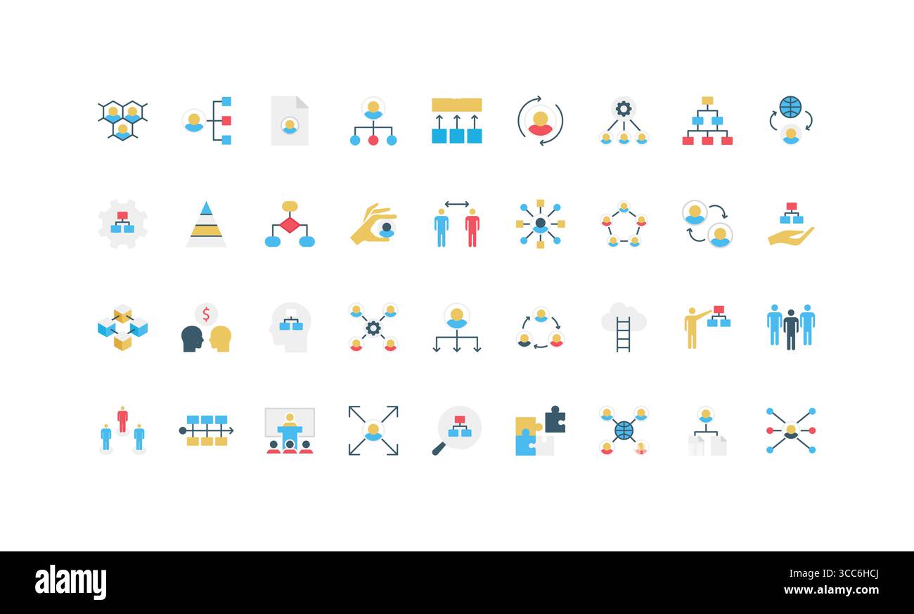 Sammlung einfacher, flacher Symbole, die Organisations-, Hierarchie-, Teamwork-, Management- und Geschäftsstrukturkonzepte darstellen, isolierte Vektorillustration Stock Vektor