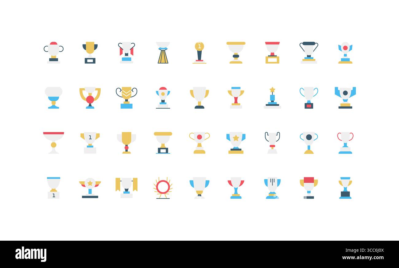 Mehrere flache Trophäen-Cup-Symbole in verschiedenen Formen und Farben, die Leistung, Belohnung und Erfolg darstellen, entworfen für Anerkennung und Auszeichnung Themen isolierte Vektor-Illustration Stock Vektor