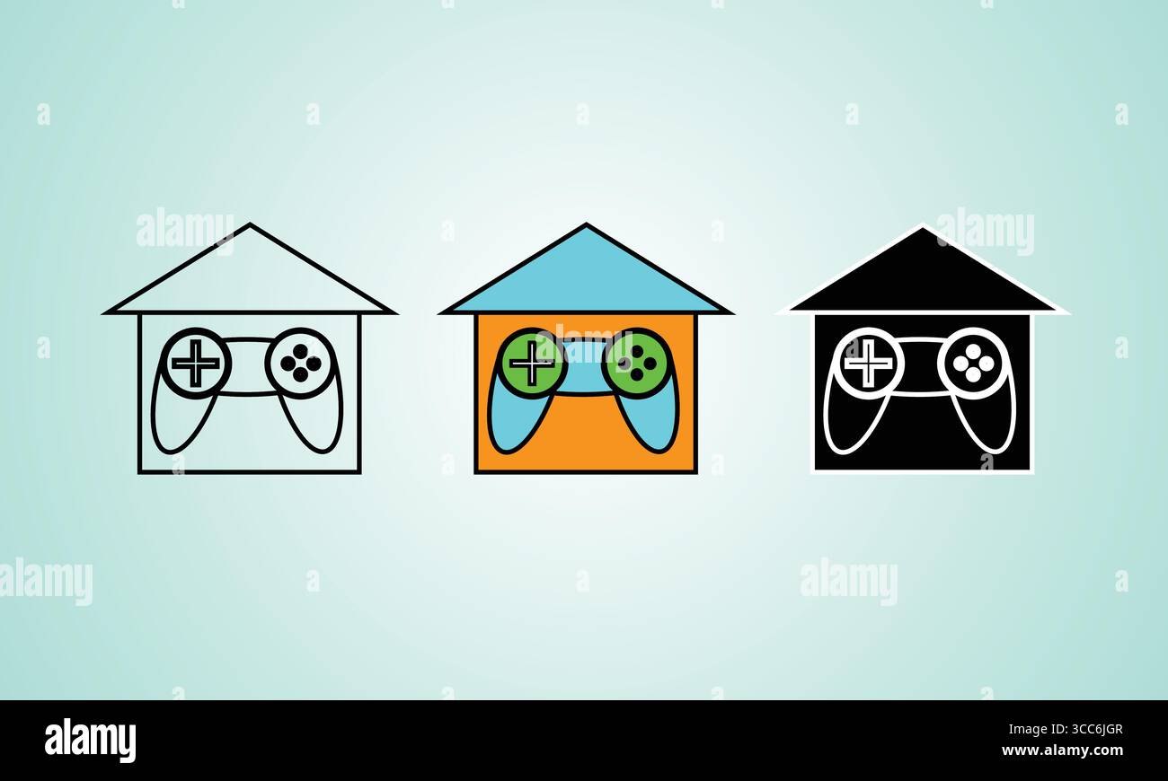 Game Controller House Icons: Gestylte, farbenfrohe und schwarze Designs Stock Vektor