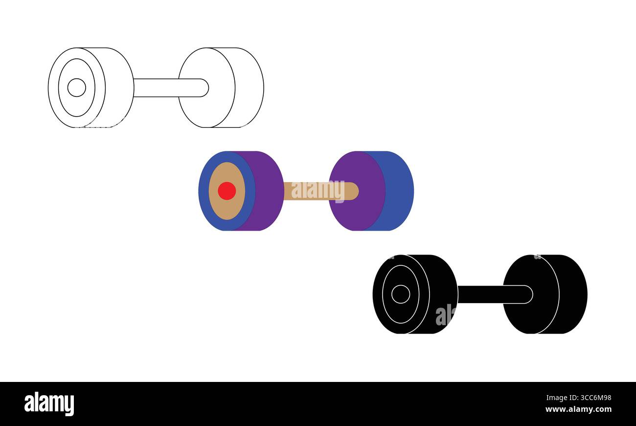 Drei einfache Kurzhantelabbildungen in Gliederung, Farbe und Silhouette Stock Vektor