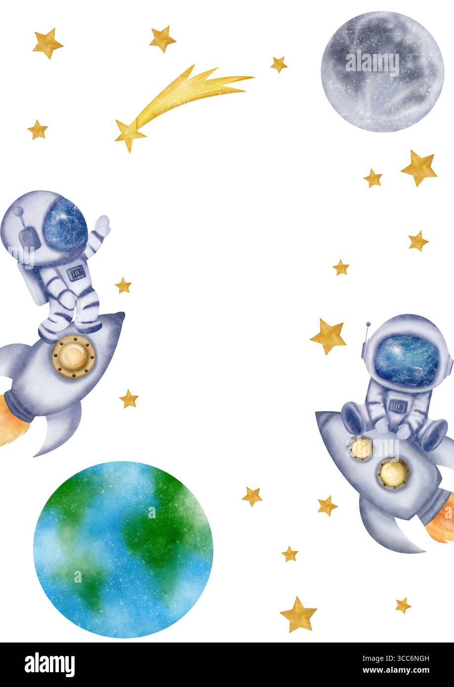Rechteckiger Rahmen mit Astronauten, Kosmonauten, Weltraumraketen, Raumschiffen, Mond, Sterne, Wolken, Himmel, Erde Stockfoto