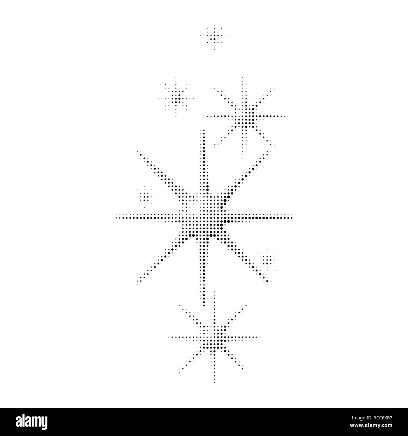Retro-Halbtonsternhaufen mit gepunkteter Textur. Mehrere funkelnde Symbole im Schwarz-weiß-Comic-Stil. Abstrakte Vektordekoration auf isoliertem weiß Stock Vektor