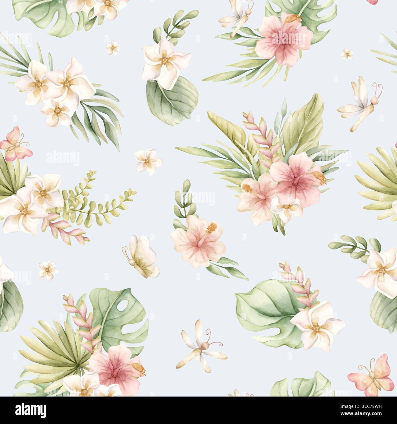 Tropische Hibiskus Plumeria Heliconia Blumen exotische grüne Pflanzen Aquarell handgemalte Sommer nahtlose Muster auf blauem Hintergrund für niedliches Kinderzimmer W Stockfoto