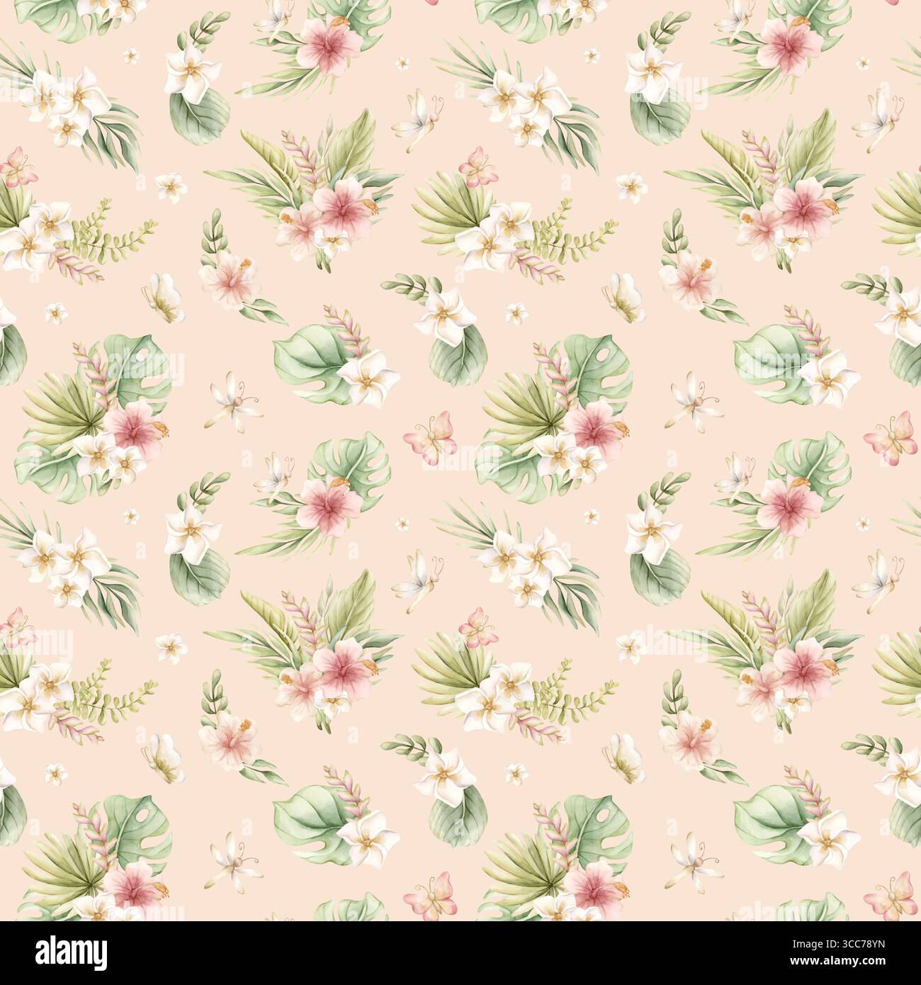 Tropische Hibiskus Plumeria Heliconia Blumen exotische grüne Pflanzen Aquarell handgemalte Sommer nahtlose Muster auf rosa Hintergrund für niedliches Kinderzimmer W Stockfoto