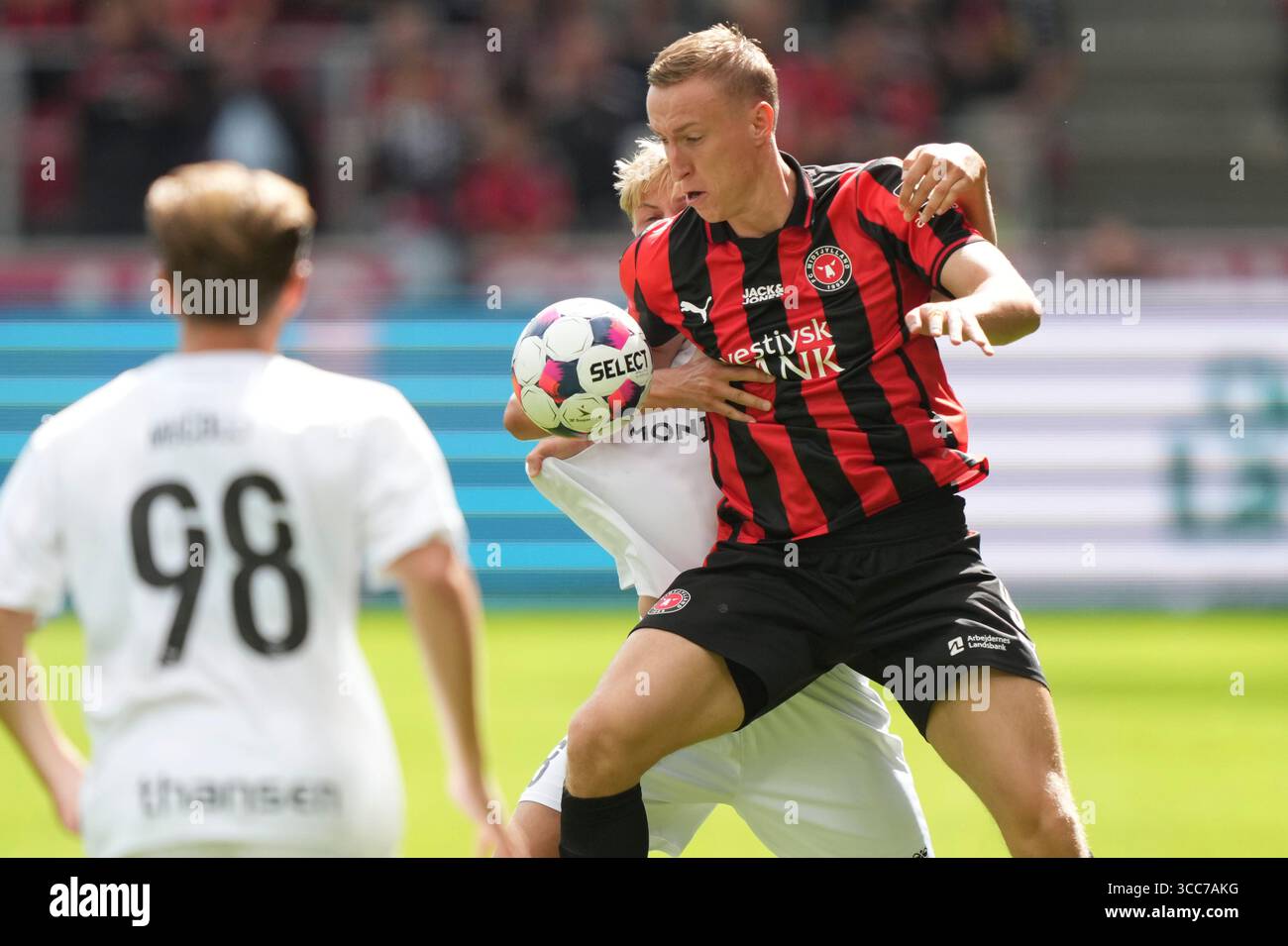 Herning, Dänemark. August 2025. Adam Buksa vom FCM während des Superliga-Spiels zwischen dem FC Midtjylland und dem FC Fredericia in der MCH Arena in Herning am Sonntag, den 10. August 2025. (Foto: Claus Fisker /Ritzau Scanpix) Credit: Ritzau/Alamy Live News Stockfoto