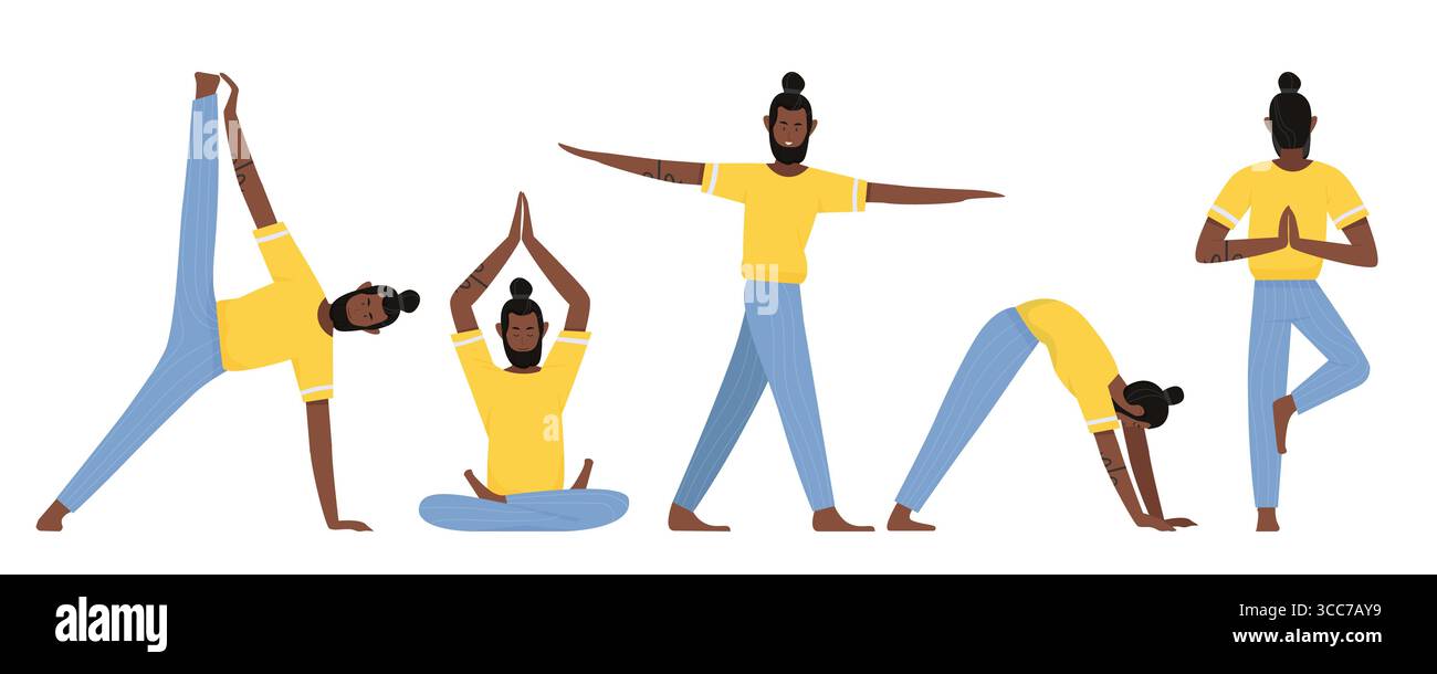 Verschiedene Yoga-Posen von Afro-Yogalehrer, isolierte Vektor-Illustration Stock Vektor