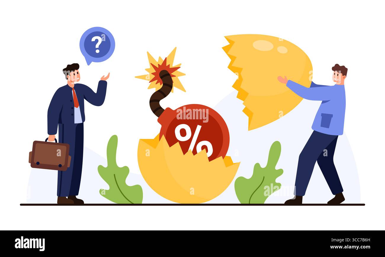 Zwei Geschäftsleute stehen einer prozentualen Symbolbombe gegenüber, die aus einem zerbrochenen Ei hervorgeht und wirtschaftliche Risiken und Handelskriege symbolisiert, isoliert auf einer weißen Vektorillustration Stock Vektor