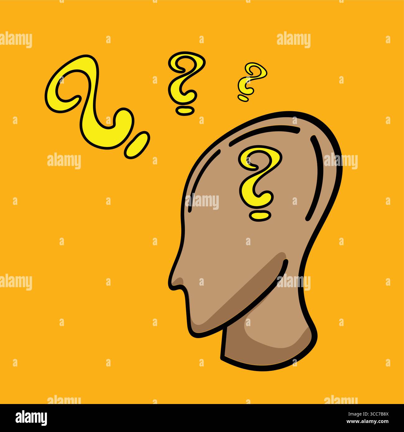 Fragezeichen, die über dem denkenden menschlichen Kopf schweben: Neugier und Problemlösung Stock Vektor