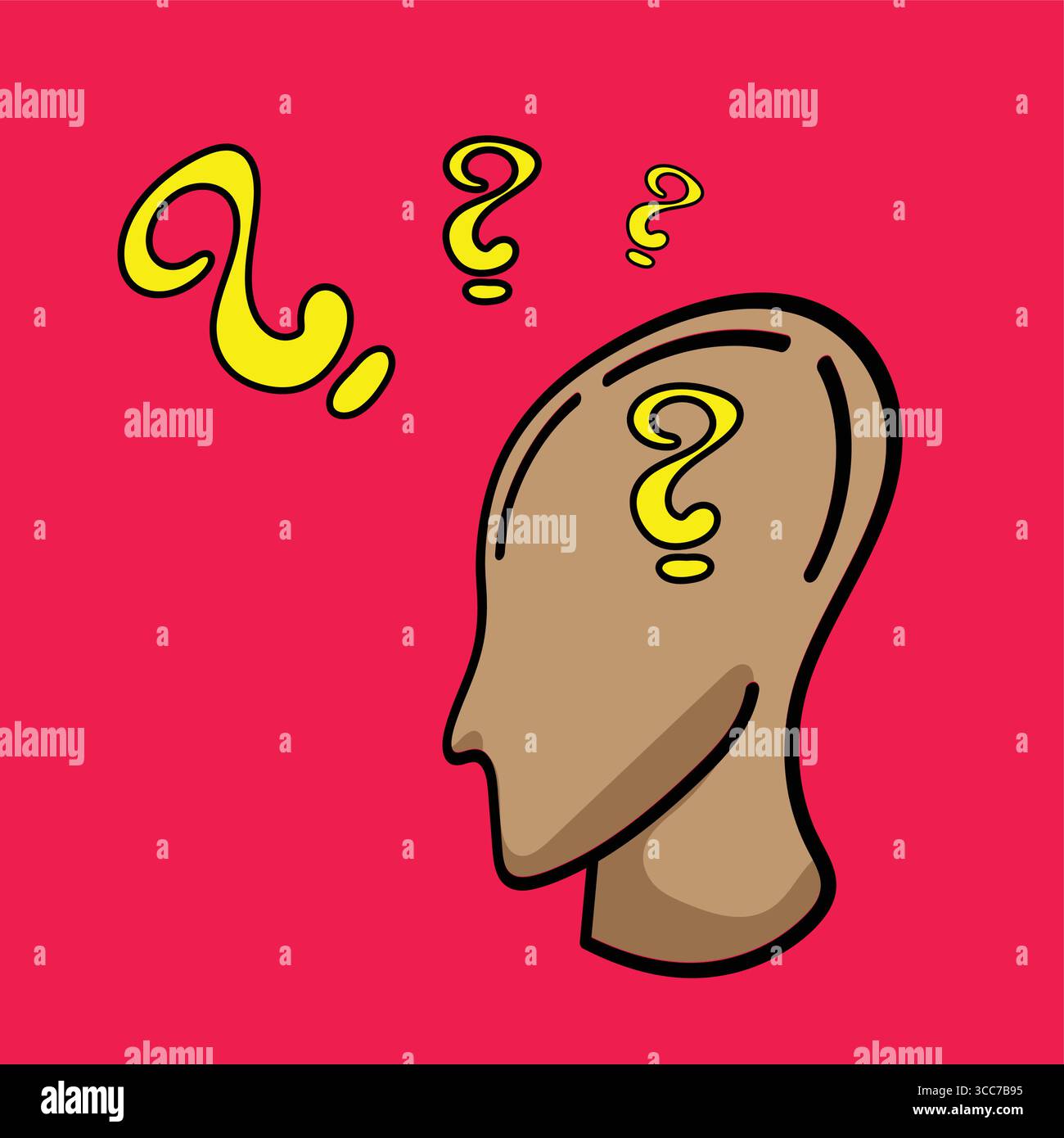 Fragezeichen, die über dem denkenden menschlichen Kopf schweben: Neugier und Problemlösung Stock Vektor