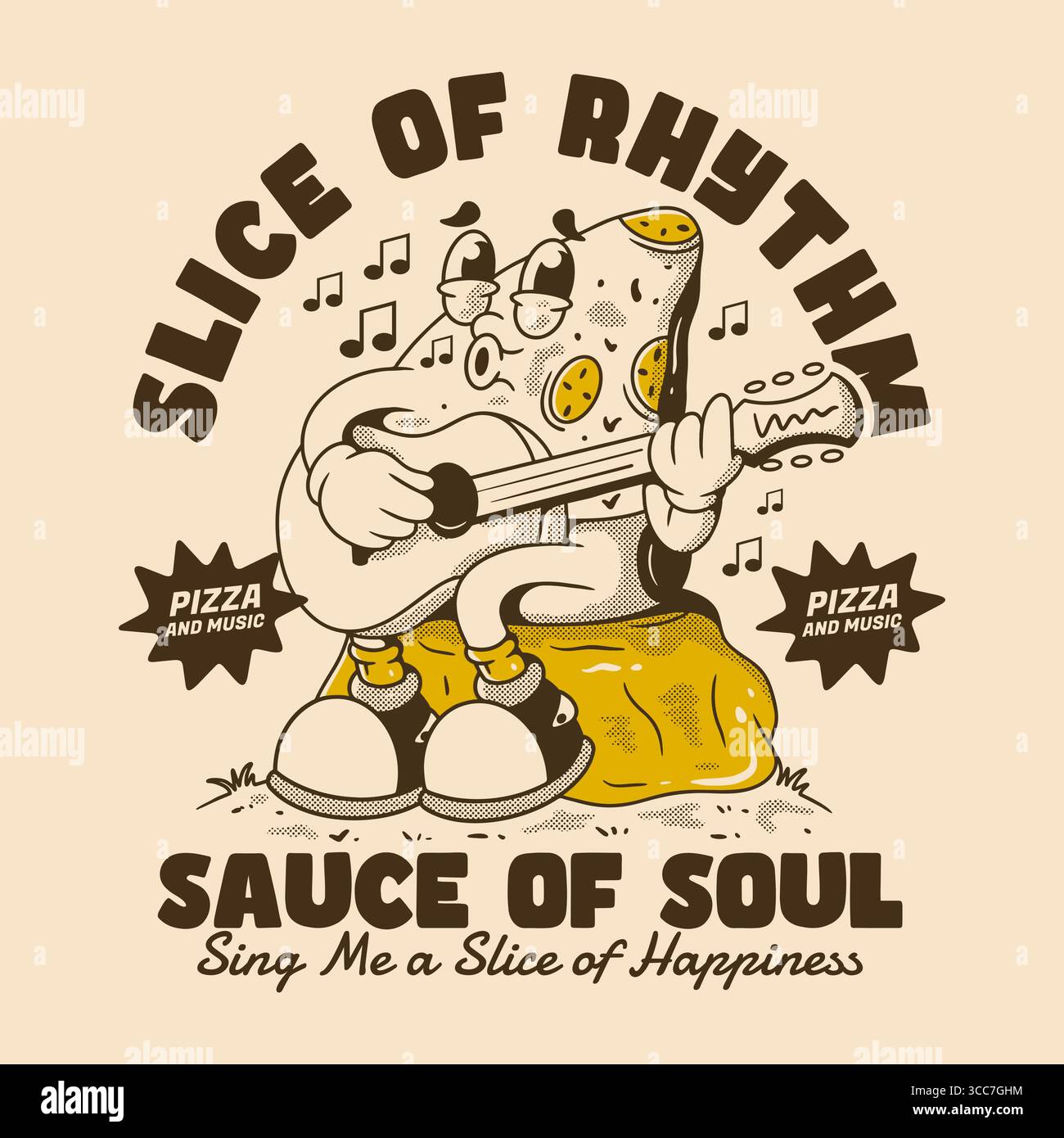Cheesy Slice Strums Gitarre fröhlich auf meliger Basis in warmem Retro-Cartoon-Stil Stock Vektor