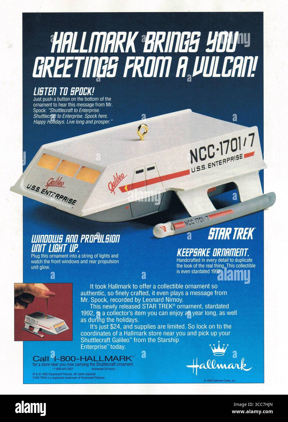 1992 Star Trek Galileo Shuttle Weihnachtsschmuck von Hallmark Ad Stockfoto