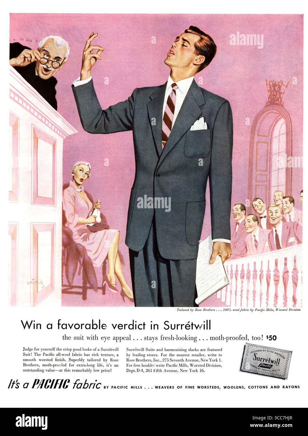 1951 Surretwill Herrenanzüge, Pacific Mills Clothing Worsted Division NY Tailored by Rose Stockfoto 1951 Surretwill Herrenanzüge, Pacific Mills Clothing Worsted Division NY Tailored by Rose Stockfoto