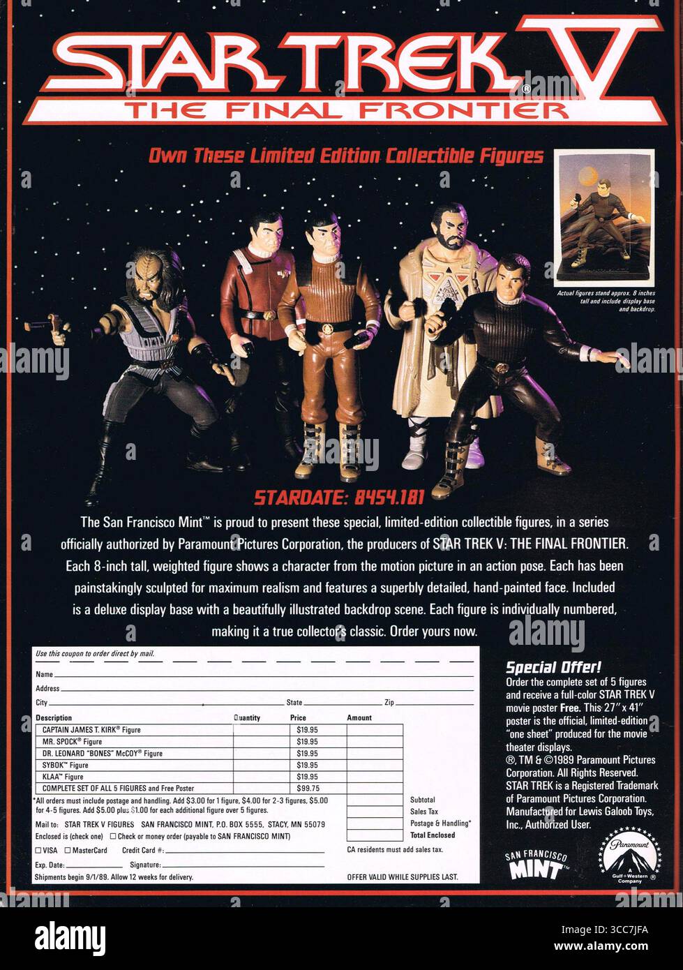 1989 Werbespot für Action-Figuren aus Star Trek V: The Final Frontier. Stockfoto