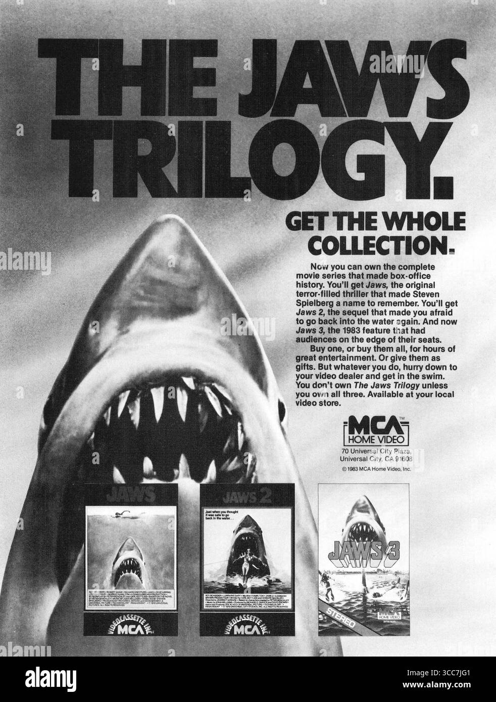 1983 The Jaws Trilogy Promo Video VHS: VCR Get the Whole Collection MCA Home Video Advertising Stockfoto
