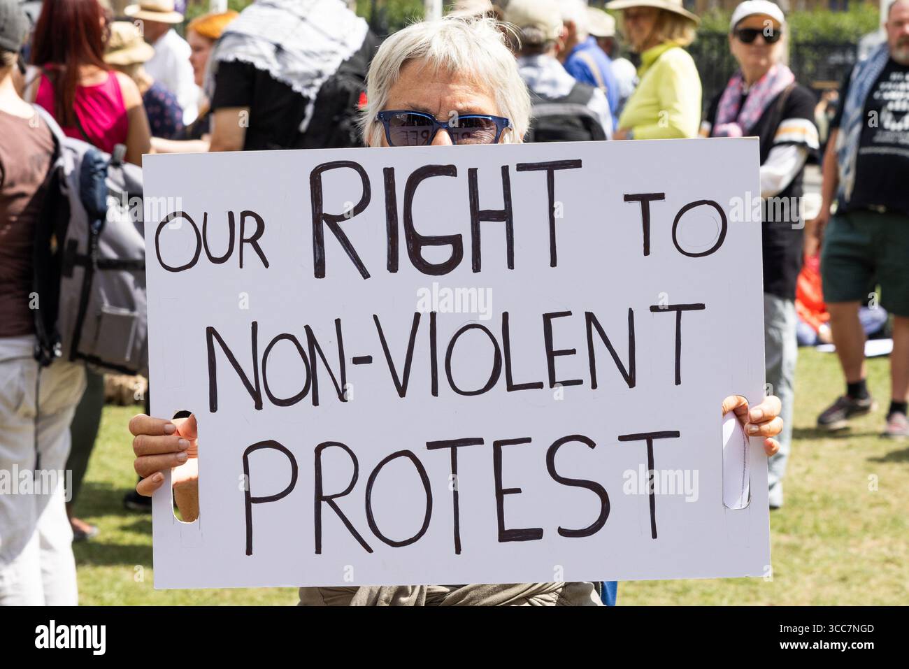 London, Großbritannien. AUGUST 2025. Lady hält das Schild „Unser Recht auf gewaltfreien Protest“, als die Polizei 466 Verhaftungen für Menschen vornahm, die Unterstützung für die neu verbotene Terrorgruppe Palestine Action zeigten. Bei der Aktion, die von der Verteidigung unserer Jurys organisiert wurde, wurden Menschen verhaftet, weil sie Plakate mit der Aufschrift "Ich bin gegen den Völkermord, ich unterstütze die Palästinensische Aktion" hielten. Sie fand auf dem Parlamentsplatz mit einer extrem starken Polizeipräsenz statt. Credit Milo Chandler/Alamy Live News Stockfoto