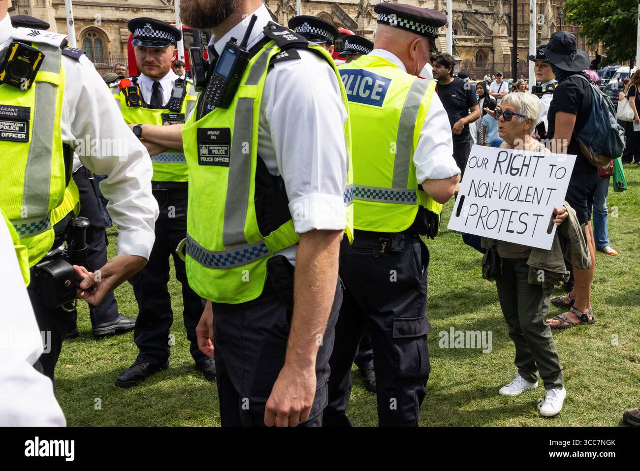 London, Großbritannien. AUGUST 2025. Lady hält das Schild „Unser Recht auf gewaltfreien Protest“, als die Polizei 466 Verhaftungen für Menschen vornahm, die Unterstützung für die neu verbotene Terrorgruppe Palestine Action zeigten. Bei der Aktion, die von der Verteidigung unserer Jurys organisiert wurde, wurden Menschen verhaftet, weil sie Plakate mit der Aufschrift "Ich bin gegen den Völkermord, ich unterstütze die Palästinensische Aktion" hielten. Sie fand auf dem Parlamentsplatz mit einer extrem starken Polizeipräsenz statt. Credit Milo Chandler/Alamy Live News Stockfoto