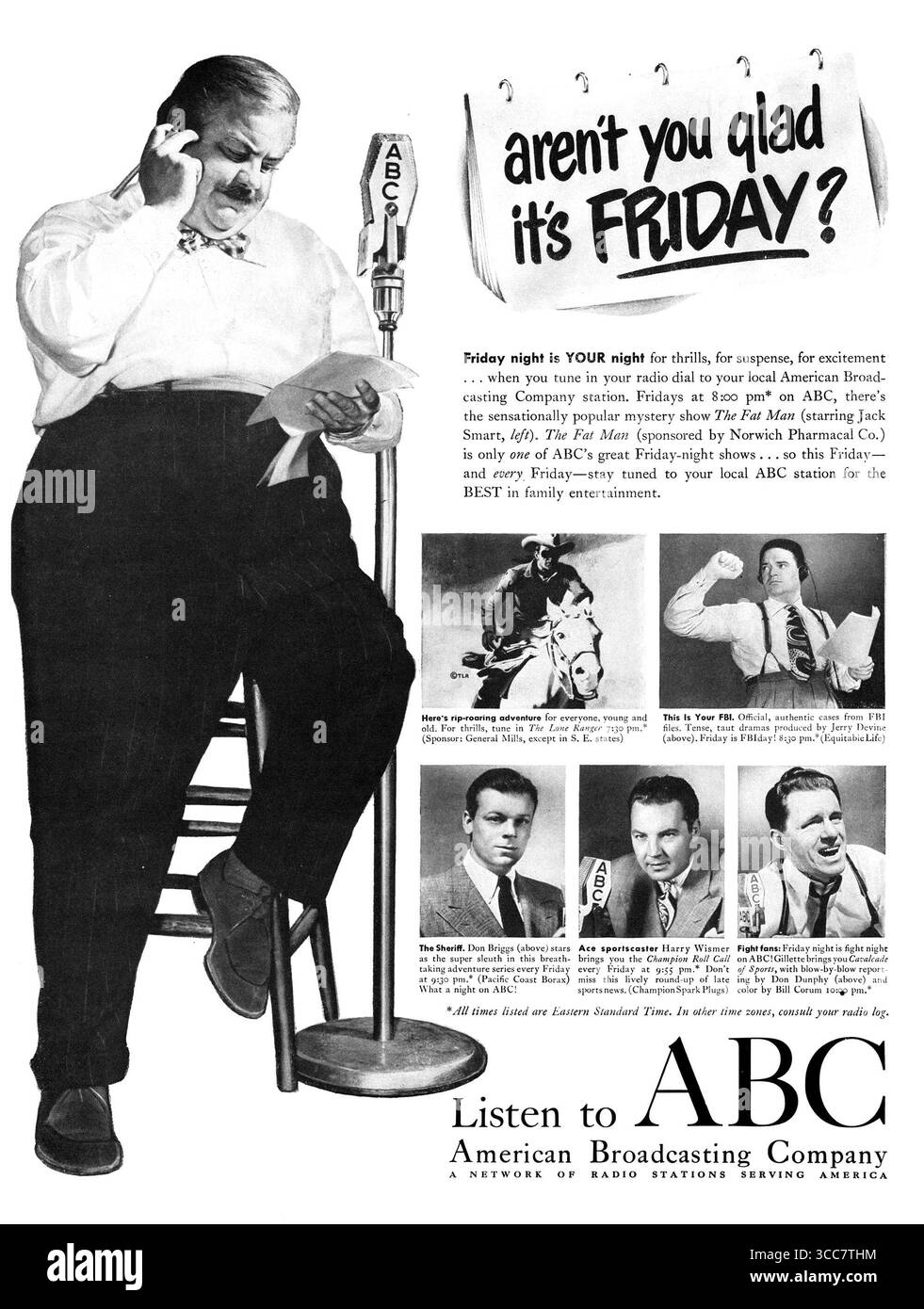 1949 ABC Radiosender-Werbespot Are't You Good IT's Friday, in dem der Fat man's Jack Smart zu sehen ist Stockfoto