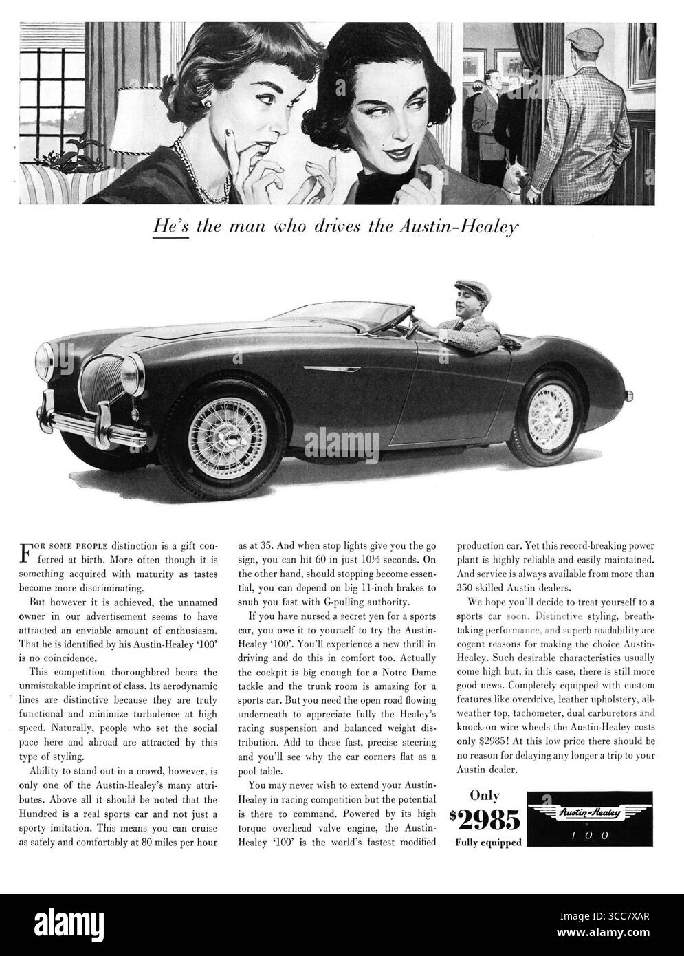 1955 Austin-Healey 100 Auto Ad, er ist der Mann, der den Austin-Healey fährt Stockfoto