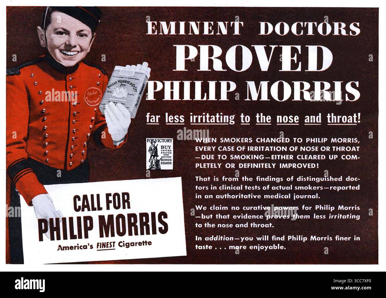 1944 Philip Morris Zigarettenwerbung mit Johnny Roventini, renommierte Ärzte bewiesen Stockfoto