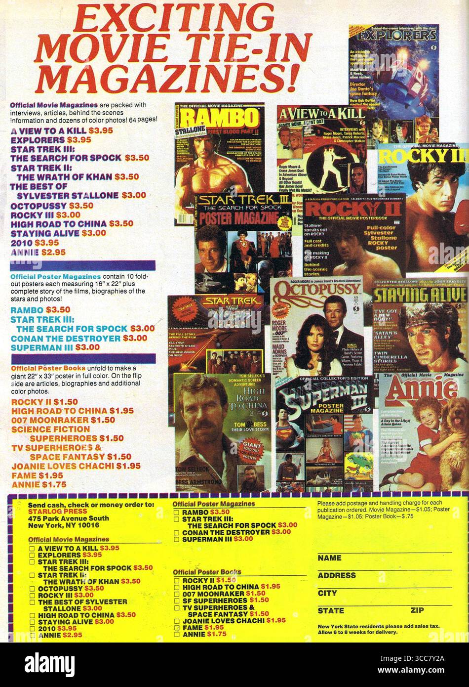 1985 spannende Film-Tie-in-Zeitschriften Starlog Press-Anzeige Stockfoto
