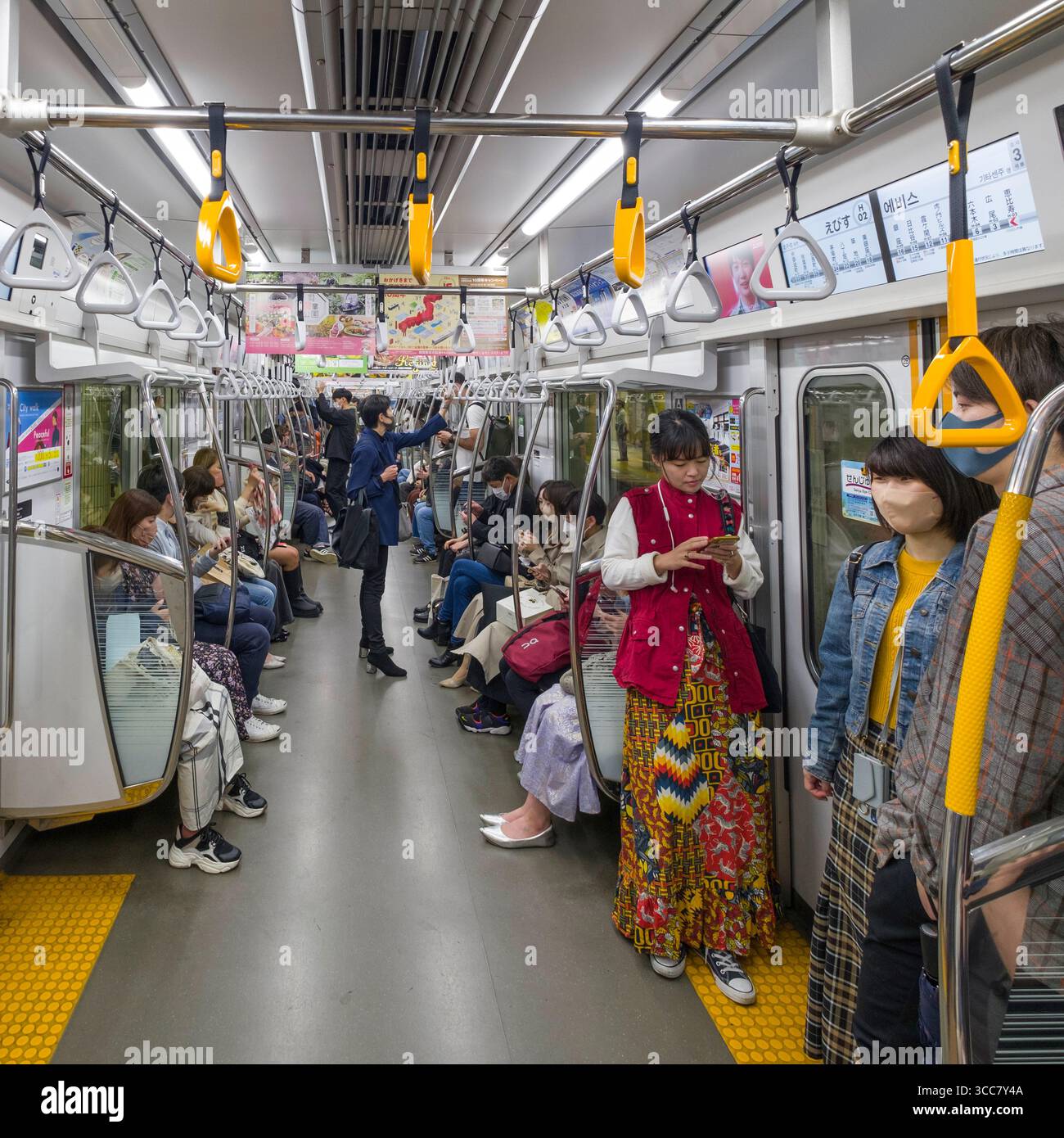 Personen sitzen und stehen im Tokyo Metro Hibiya Line Zug, Shibuya City, Tokio, Kantō, Honshu, Japan Stockfoto