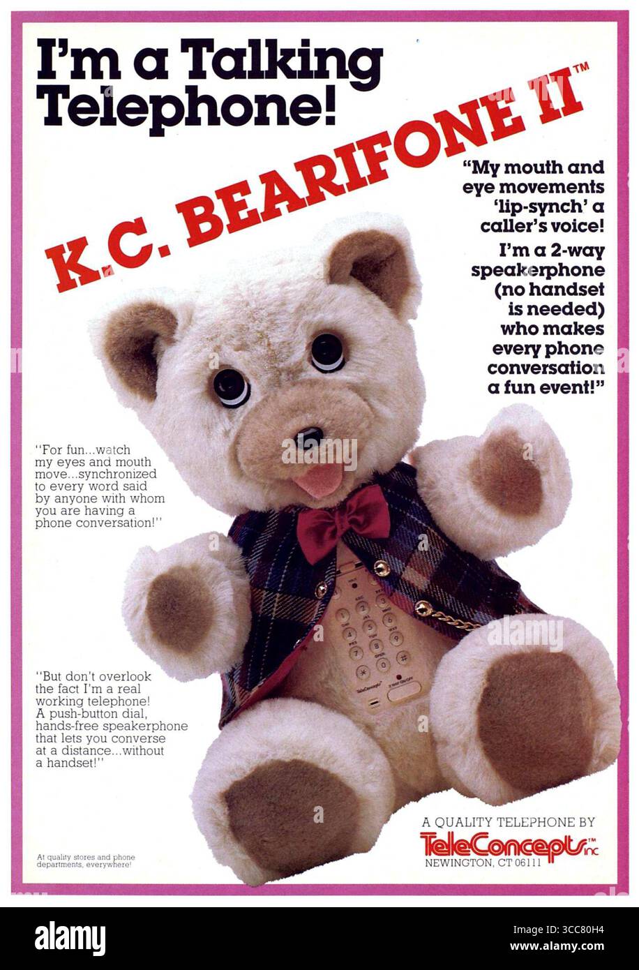 1987 K.C. Bearifone II Talking Phone, animiertes Freisprechtelefon in Form eines Teddybären, hergestellt von Teleconcepts Ad Stockfoto