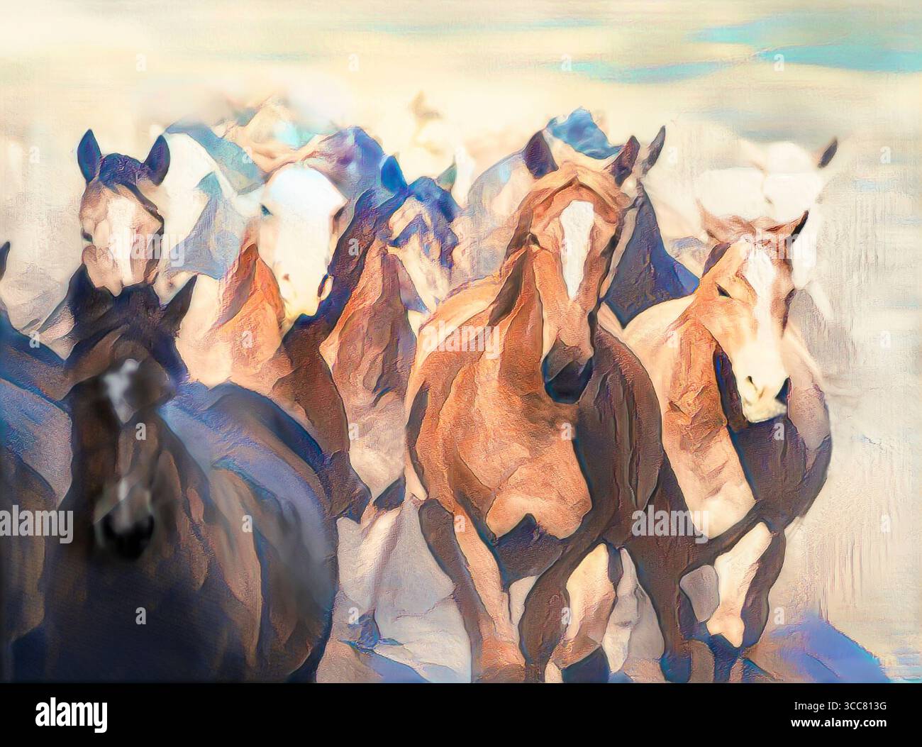 Eine Herde erwachsener Pferdestuten galoppiert auf uns zu. Stilisierte digitale Fotokunst. Stockfoto Eine Herde erwachsener Pferdestuten galoppiert auf uns zu. Stilisierte digitale Fotokunst. Stockfoto