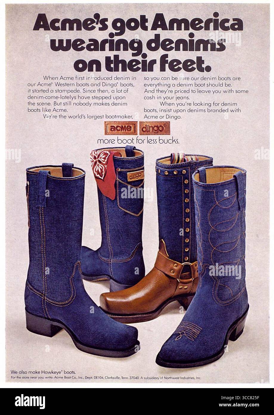 1975 Werbung für Acme Dingo Denim Stiefel Stockfoto
