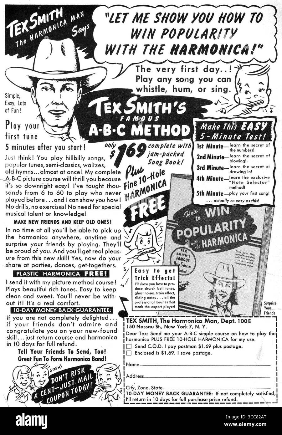 1949 Tex Smiths berühmte A-B-C-Methode zum Erlernen des Mundharmonika-Werbespots Stockfoto