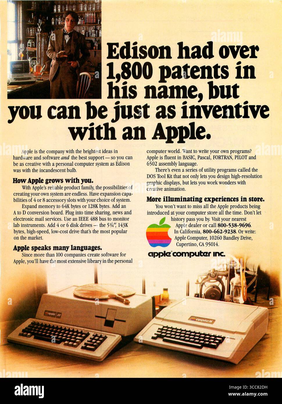 1981 Apple Computerwerbung: „Edison hatte über 1.800 Patente in seinem Namen, aber Sie können genauso erfinderisch sein...“ Stockfoto