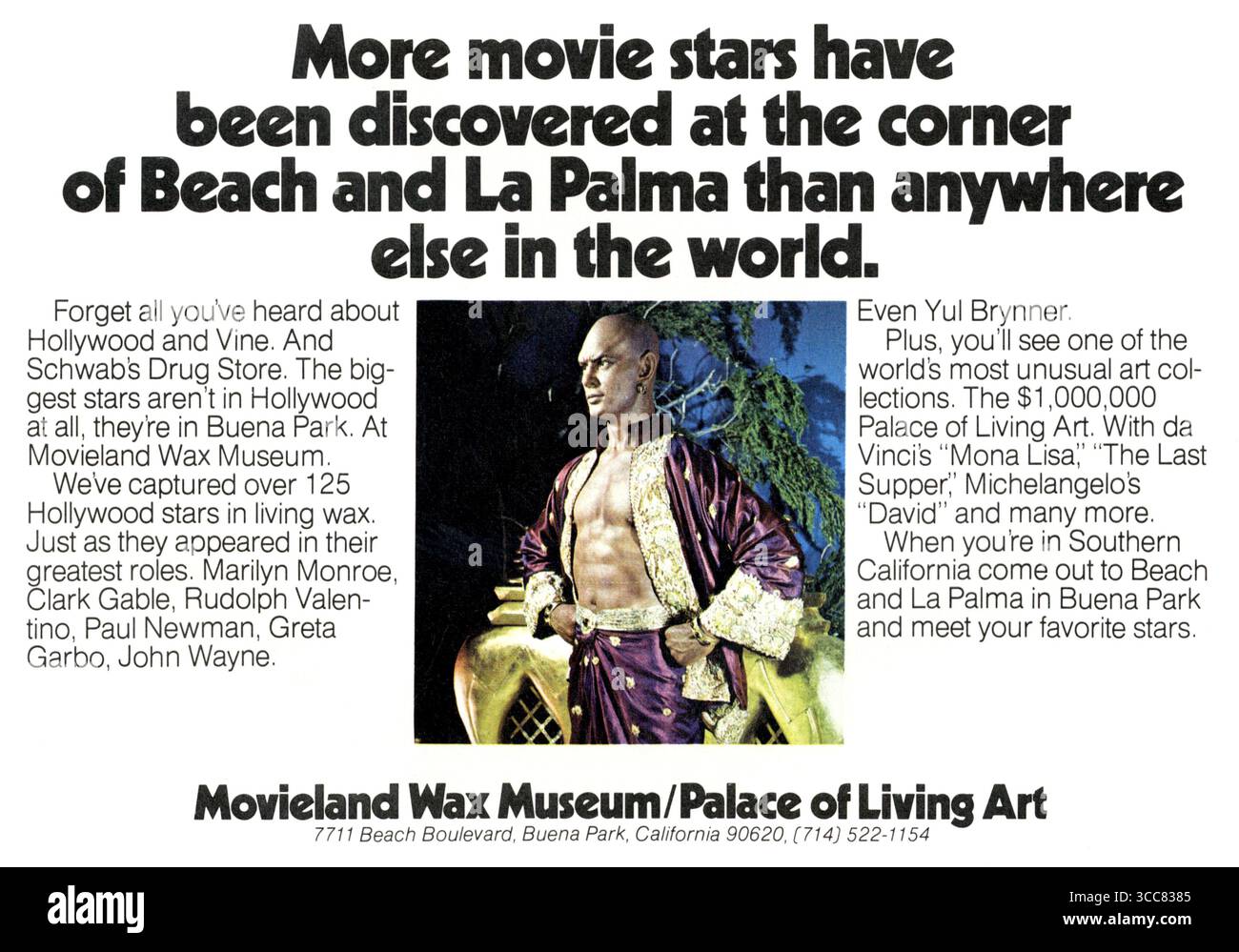 1973 Movieland Wax Museum und Palace of Living Art Buena Park California Ad, Yul Brynner Figur Stockfoto