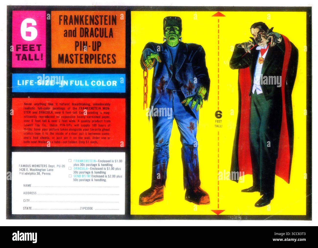 1964 Frankenstein und Dracula Pin-up Meisterwerke Gemälde in Lebensgröße und berühmte Monsters Philadelphia Stockfoto