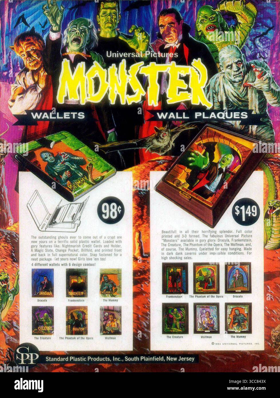 1964 Universal Monsters Geldbörsen, Wandtafeln Werbung Stockfoto