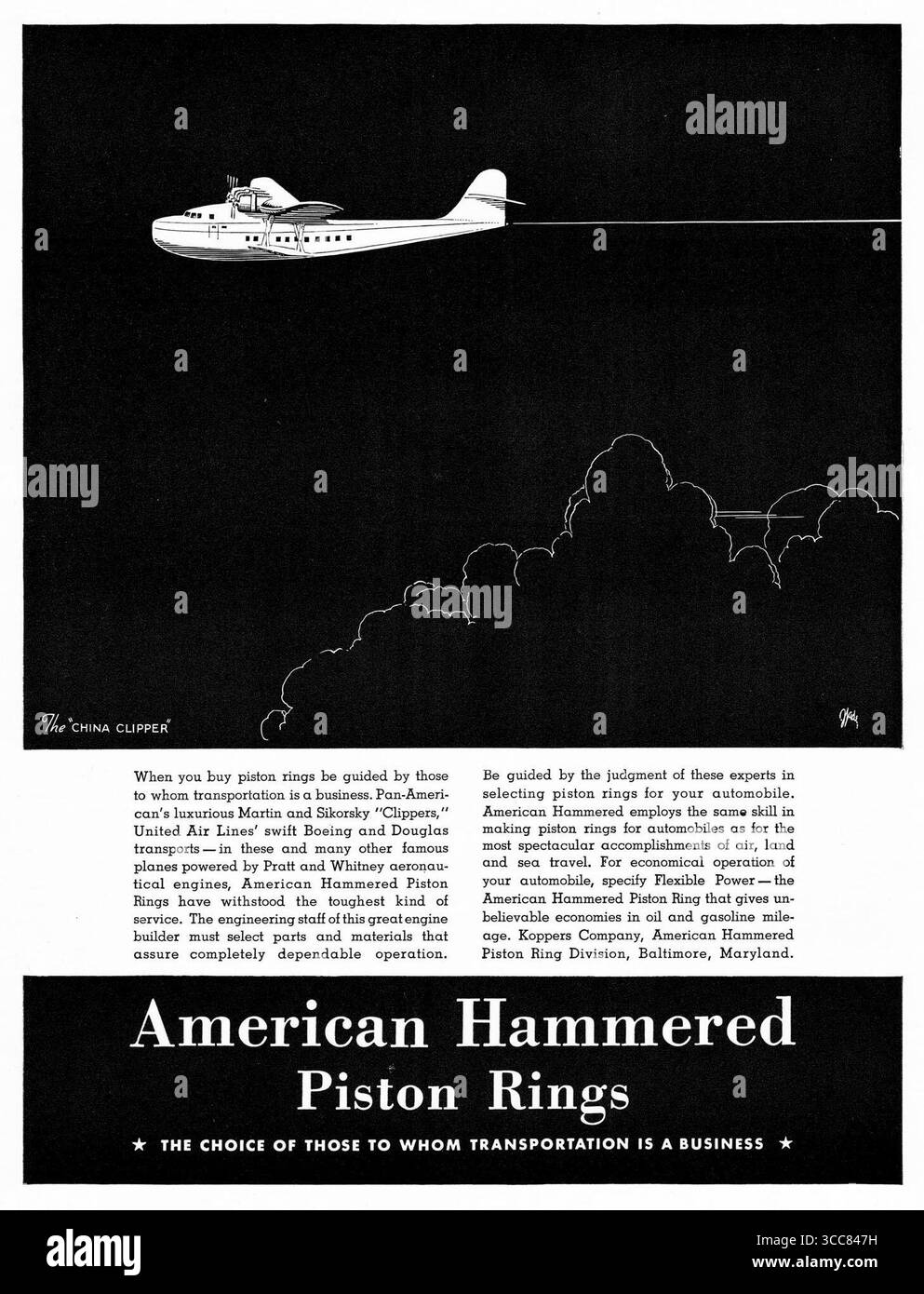 1936 Koppers American Hammered Piston Rings Werbespot mit China Clipper Stockfoto