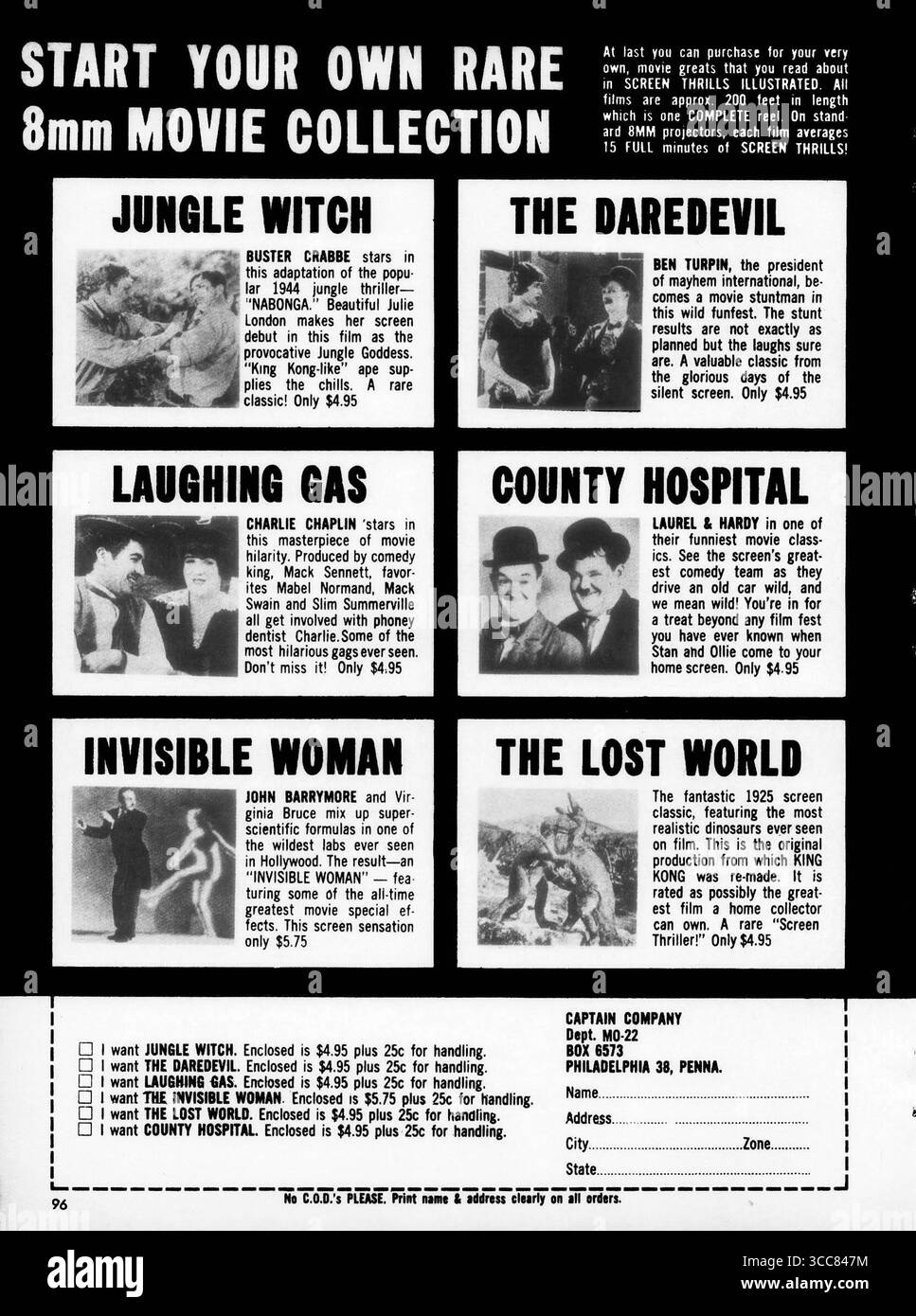 1963 starte deine eigene 8-mm-Filmsammlung, Philadelphia Penn-Werbespot mit Dschungelhexe, Daredevil und anderen Titeln. Stockfoto 1963 starte deine eigene 8-mm-Filmsammlung, Philadelphia Penn-Werbespot mit Dschungelhexe, Daredevil und anderen Titeln. Stockfoto