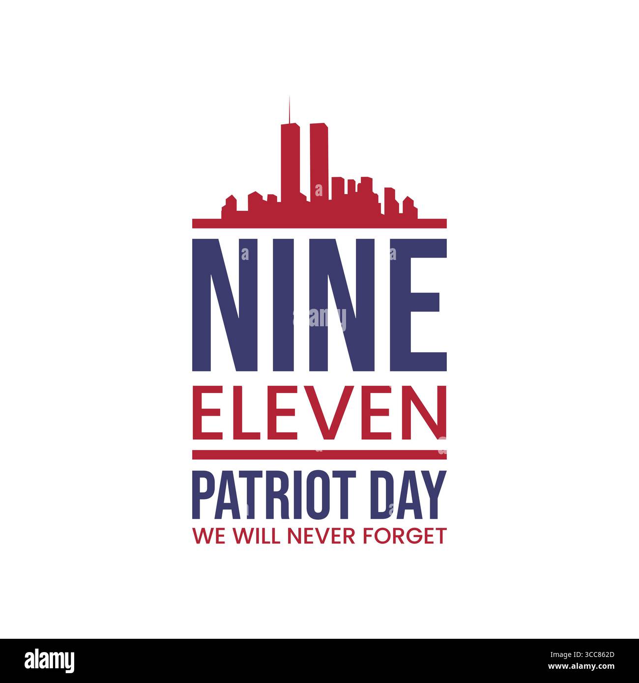 Minimalistischer Patriot Day-Vektor mit Skyline von New York mit zwei Memorial-Lichtstrahlen. Eine Hommage an Resilienz, Einheit und Erinnerung an Septe Stock Vektor