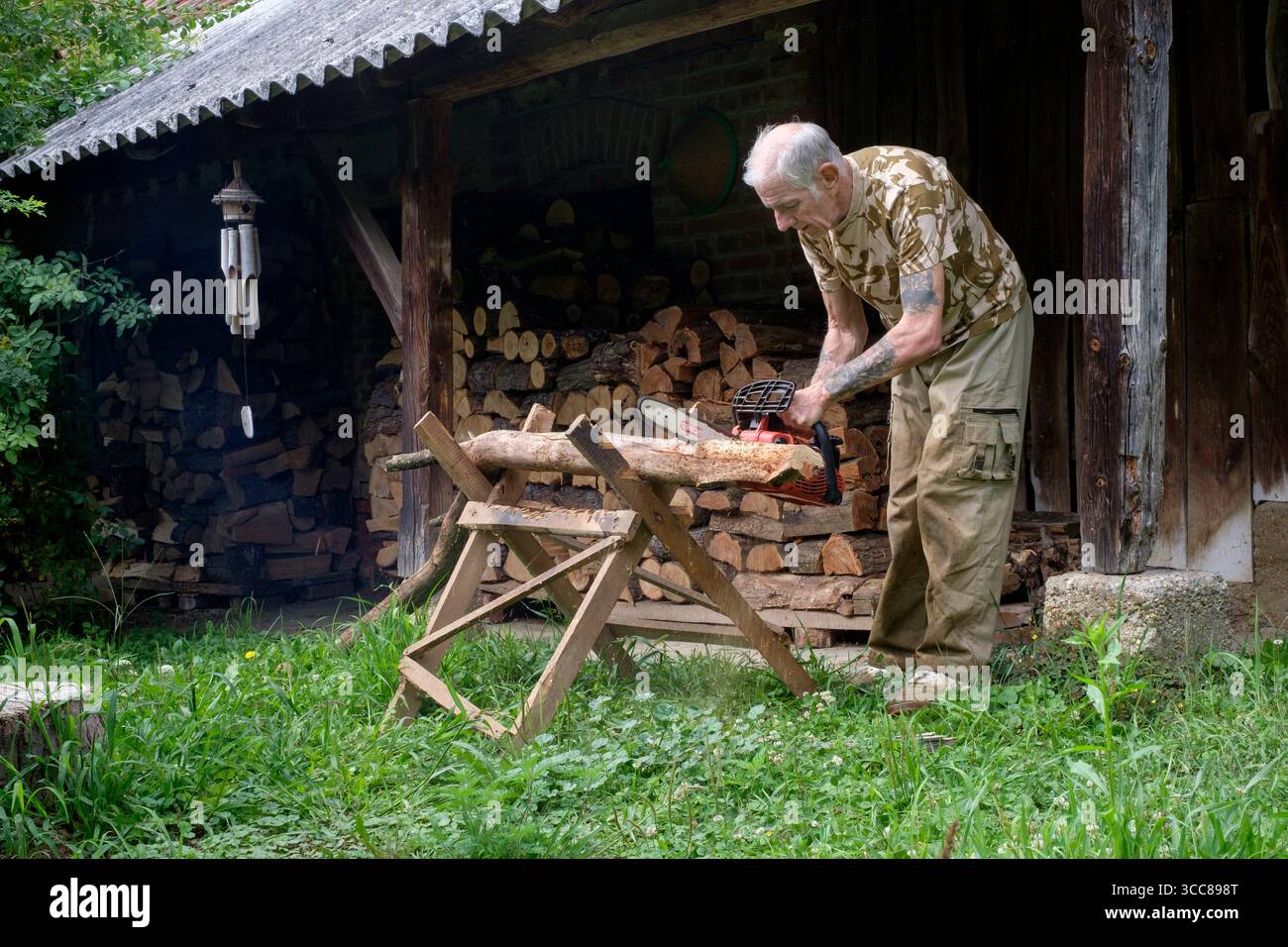 Älterer Mann, der mit einer Motorsäge Holz für Brennstoff schneidet, um sich auf die bevorstehende Wintersaison vorzubereiten Stockfoto