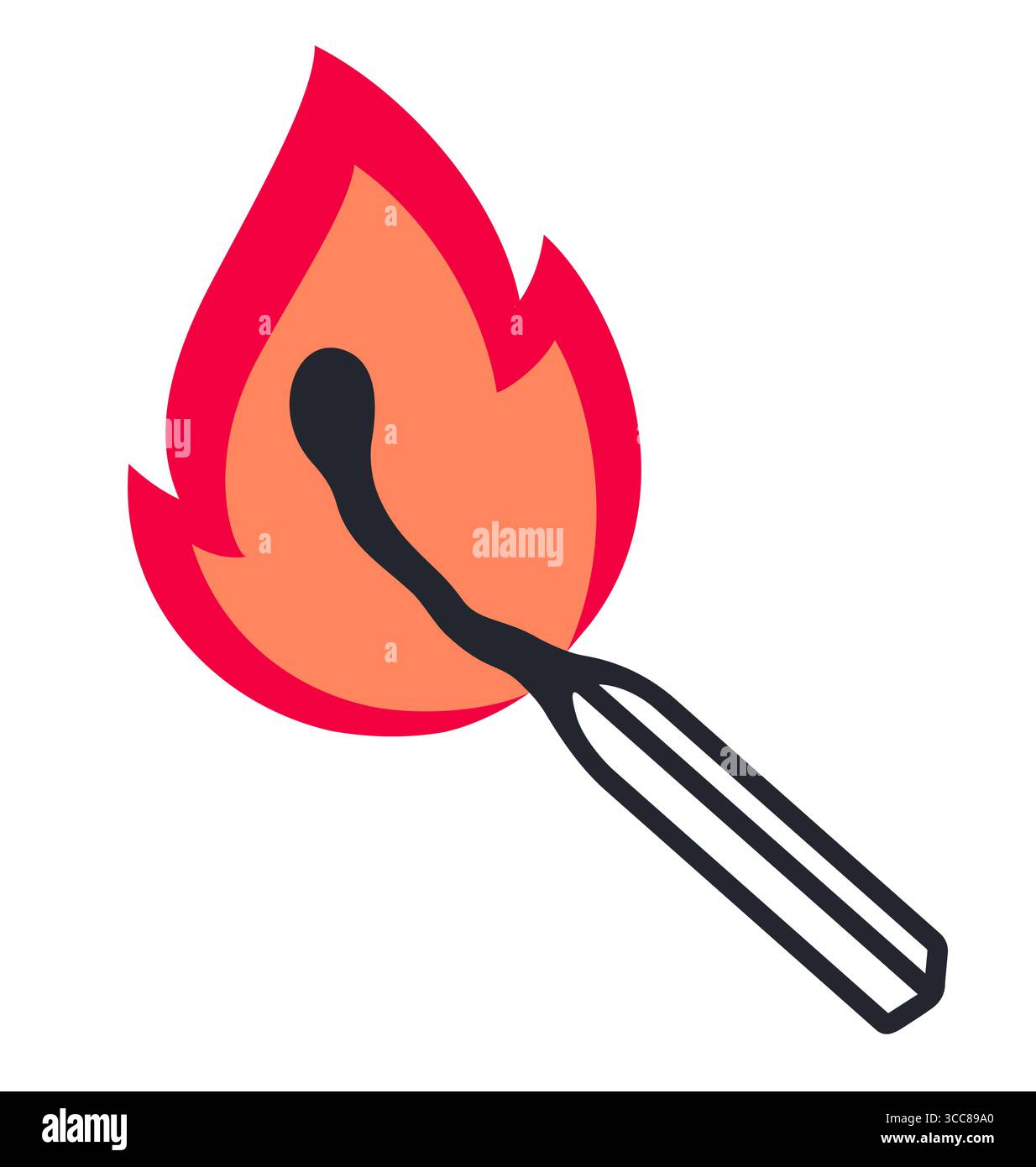 Brennende Matchstick-Vektor-Illustration. Halb verbrannte Match in Flammen, einfaches Symbol in kräftigen Farben oder Logo. Stock Vektor