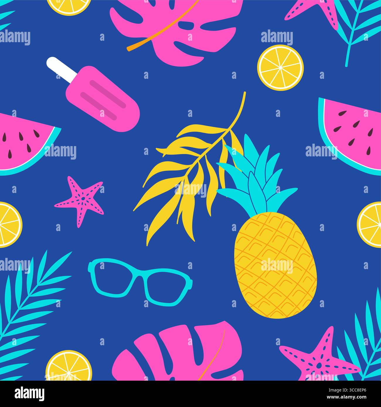Nahtloses Sommermuster mit Strandartikeln und Obst. Wassermelone, Sonnenbrille, Eis, Ananas, tropische Blätter, Zitrone. Vektorabbildung. Drucken, Stock Vektor