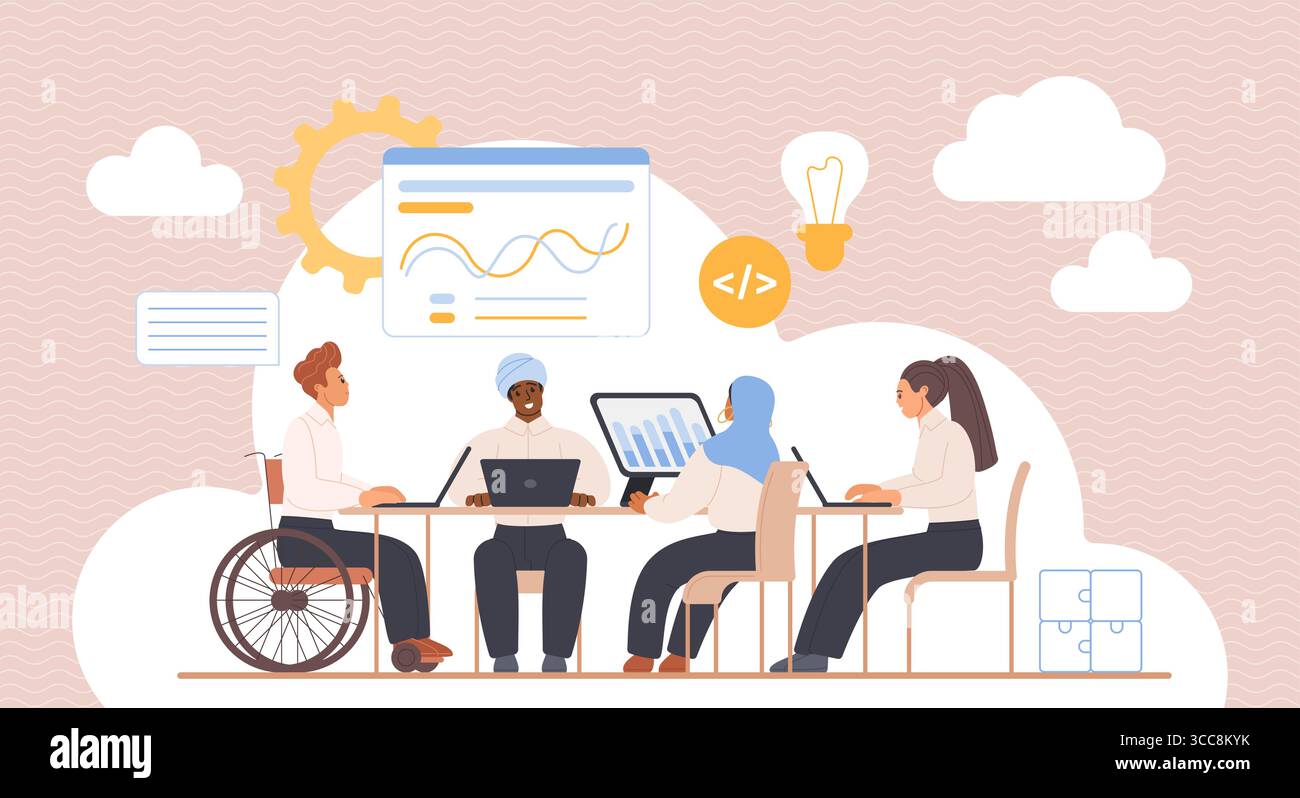 Verschiedene Teams, die an einem Tisch an Laptops arbeiten, mit visuellen Elementen, die Datenanalyse, Kodierung, Ideengenerierung und Problemlösung in einem modernen, integrativen Arbeitsbereich darstellen. Stock Vektor