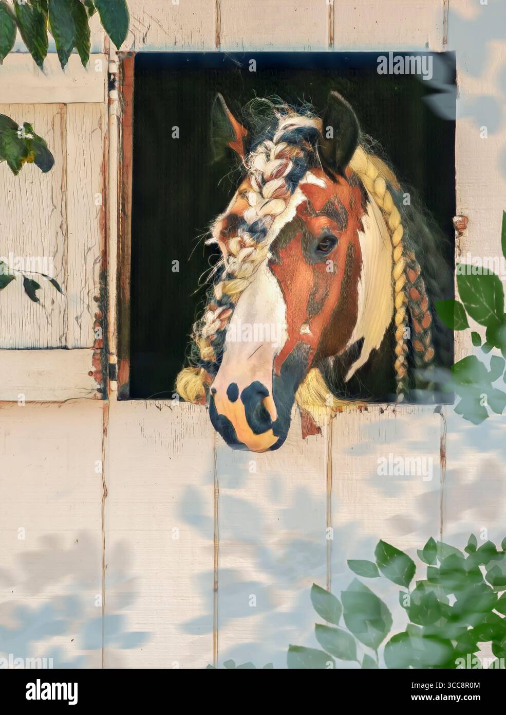 Erwachsener männlicher Pferderengst mit geflochtener Mähne und Vorlock, der unser rustikales Scheunenfenster sieht. Stilisierte digitale Fotokunst. Stockfoto