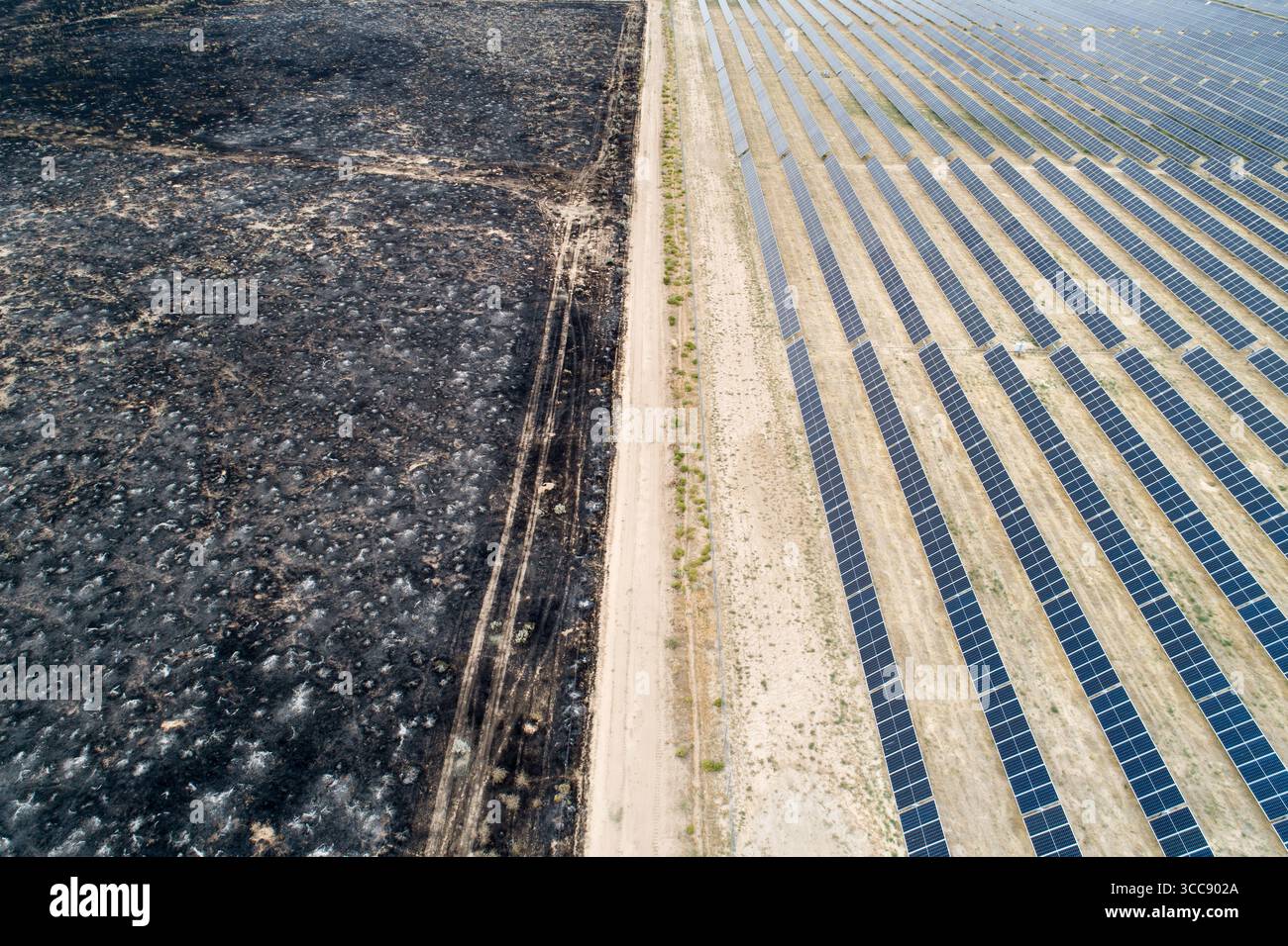 Ein Feld mit einer Straße in der Mitte und einer Reihe von Solarpaneelen auf der rechten Seite Stockfoto
