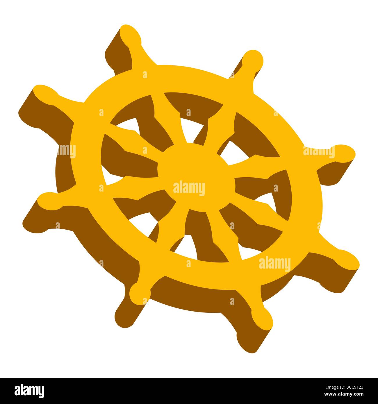 Dharmachakra, das Rad des Dharma. 3D-Vektorillustration isoliert auf weiß. Stock Vektor