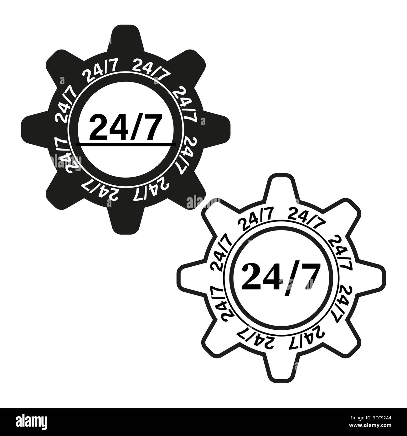 24 7 Wartungssymbol. Symbol für Vektorgetriebe. Öffnen Sie 24 sieben. Kundensupport-Emblem. Stock Vektor