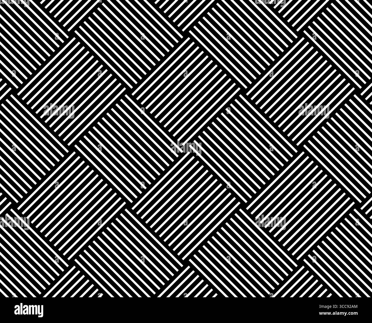 Korbstruktur in diagonaler Anordnung. Fliese mit geraden Streifen. Hintergrund mit schwarzen und weißen Linien. Abstraktes geometrisches Muster. Einfache Gewebestruktur. Vektorabbildung. Stock Vektor