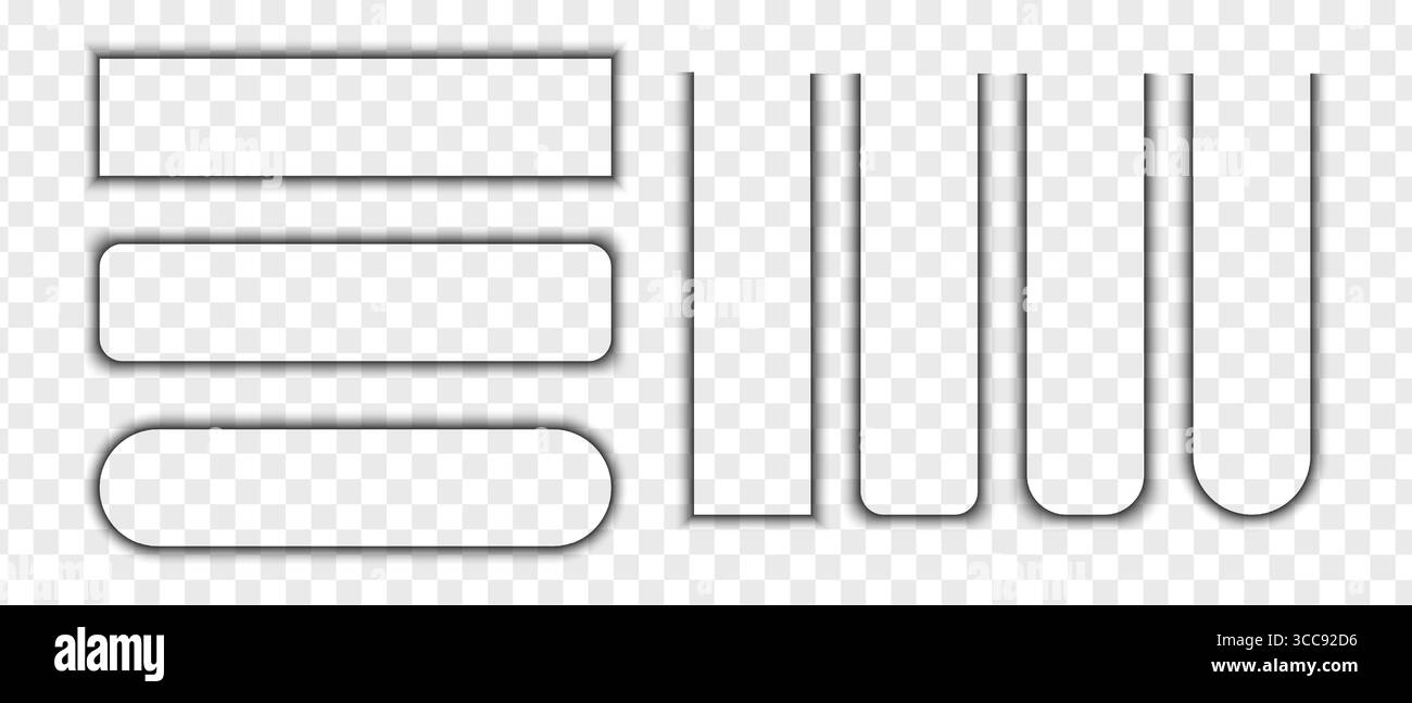 Schatteneffekte für Schaltflächen, Banner oder Lesezeichen. Verschiedene realistische, weiche Formen. Rechteckige Schattierungen mit runden Kanten, die auf transparentem Hintergrund isoliert sind. Realistische Vektordarstellung. Stock Vektor