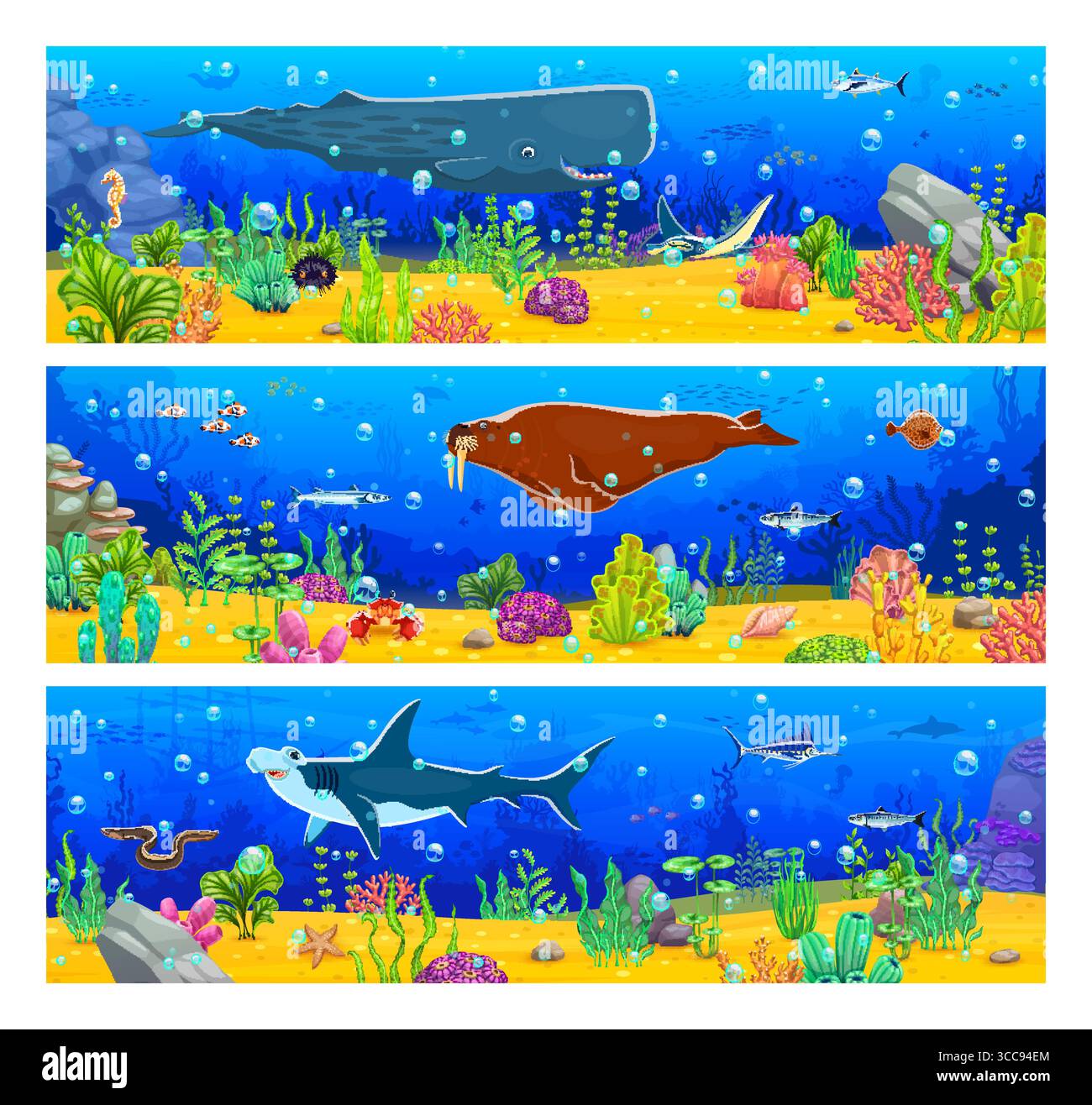 Spiel Ozean Unterwasser Hintergrund mit riesigen Meerestieren und Algen Algen Algen, Comic Vektor. Korallenrifffelsen und Sand mit Fischschwärmen, Hammerhaien, Walrosen und Walen als Hintergrund für Unterwasserspiele Stock Vektor