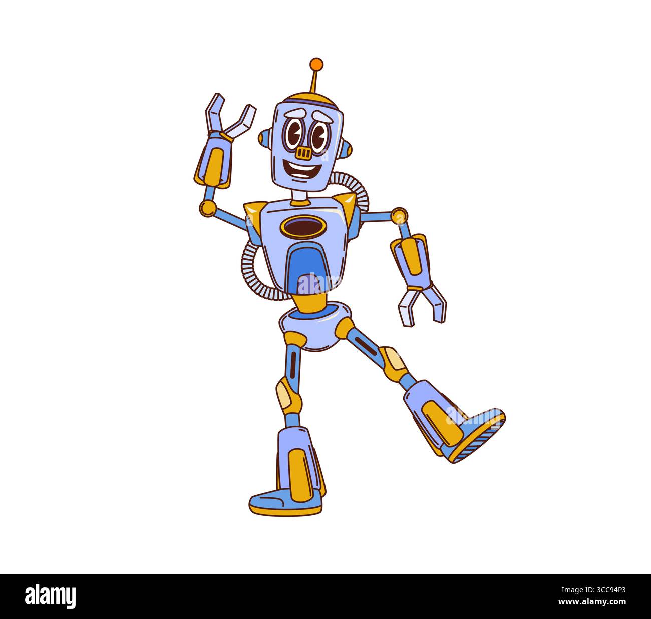 Cartoon-groovige Roboter-Droiden tanzen. Vektor Silber Retro Ai Cyborg mit fröhlichem Comic Gesicht, Antenne und breitem Lächeln. Lustige mechanische Persönlichkeit mit ausdrucksstarken Augen und y2k-Hippie-Vibe Stock Vektor